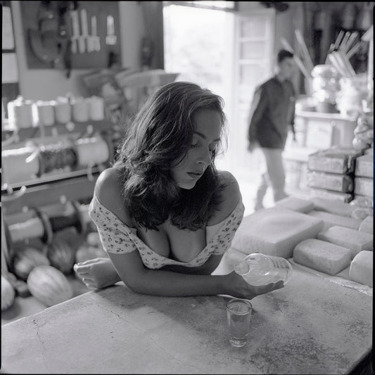 In the vintage counter of a rural general store, a young woman becomes part of the scene with quiet ease and natural grace. Around her, shelves hold the everyday life of the countryside — tools, bread, cheese, rope, soft drinks, and cachaça — while people come and go on the dusty streets outside. At times she drinks in silence, absorbed in her own thoughts; at others, she smiles softly, as if touched by a passing conversation, a memory, or the slow rhythm of the afternoon. Her presence does not seek attenti