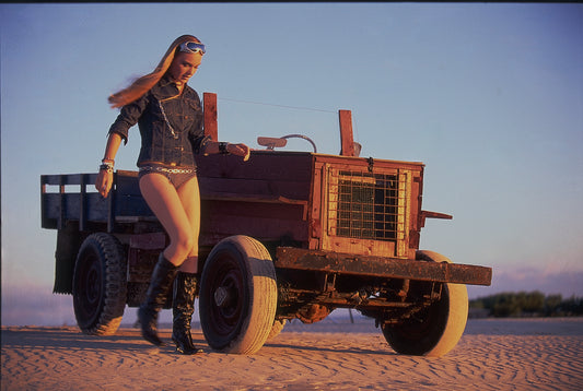 Artwork Title: Golden Walk Beside the Wooden Machine 120 x 80 cm
Series: Wooden Machines & Models
Artist: Marcus Luconi
Year of Capture: 2001
Location: Mostardas, Rio Grande do Sul, Brazil
Original Medium: Fuji Velvia 50 ISO color transparency film
Camera: Analog medium format camera, including Hasselblad 503 CW
Print: Fine art archival pigment print
Edition: [número da edição]